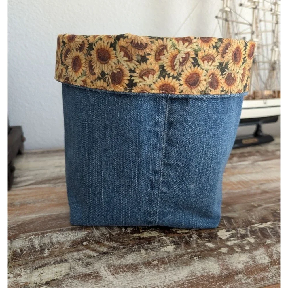Hand Crafted Sunflower/Recycled Denim Basket/Bin